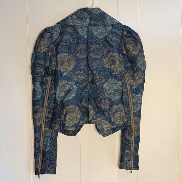 Y2k Bebe Jacket Womens 6 Blue Floral Brocade Puff Sleeve Cropped Zip Jacquard - Picture 13 of 16